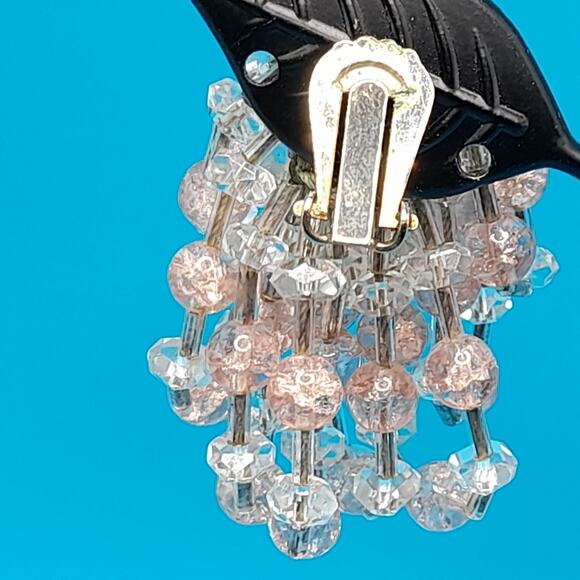 Vintage Pink Clear Waterfall Clip Earrings, Hand-Threaded, 1940s, 2" - Picture 4 of 12